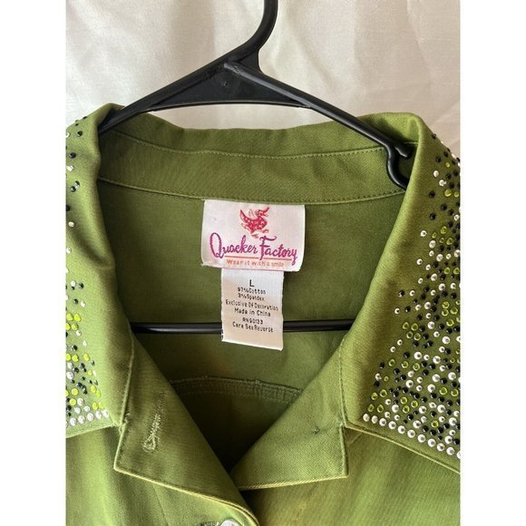 Quacker Factory Women’s Olive Green Jacket Embellished Rhinestone L Camouflage - Picture 3 of 4